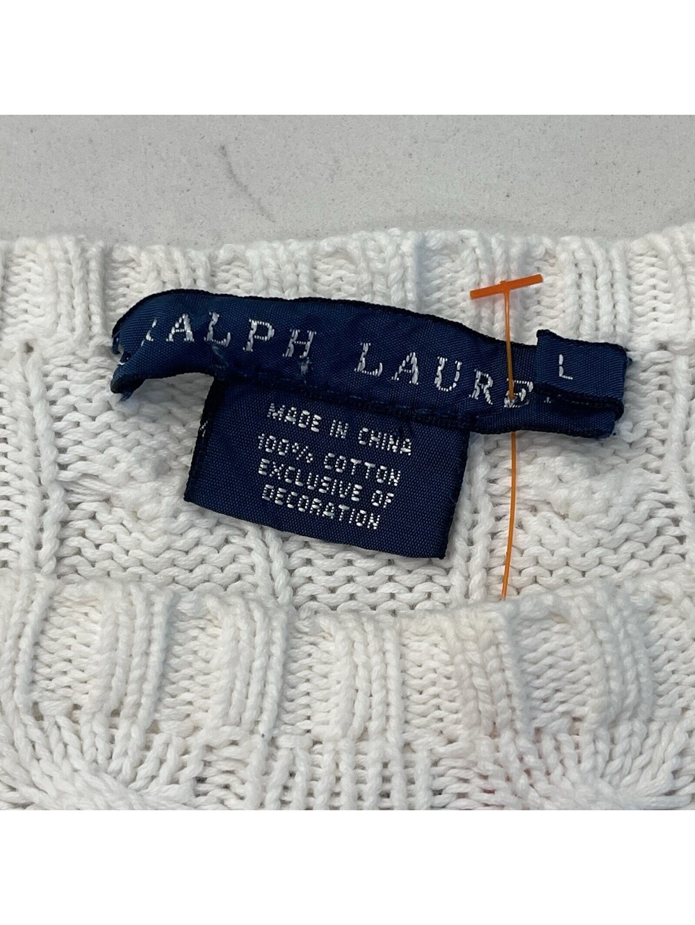 VTG Ralph Lauren Womens Cotton Cable Knit Crew Neck Sweater RLL Logo White L - Picture 9 of 10
